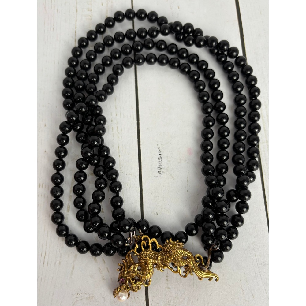 Sterling Gold Vermeil Year of the Dragon Brooch Pearl Ruby & Onyx Necklace P225